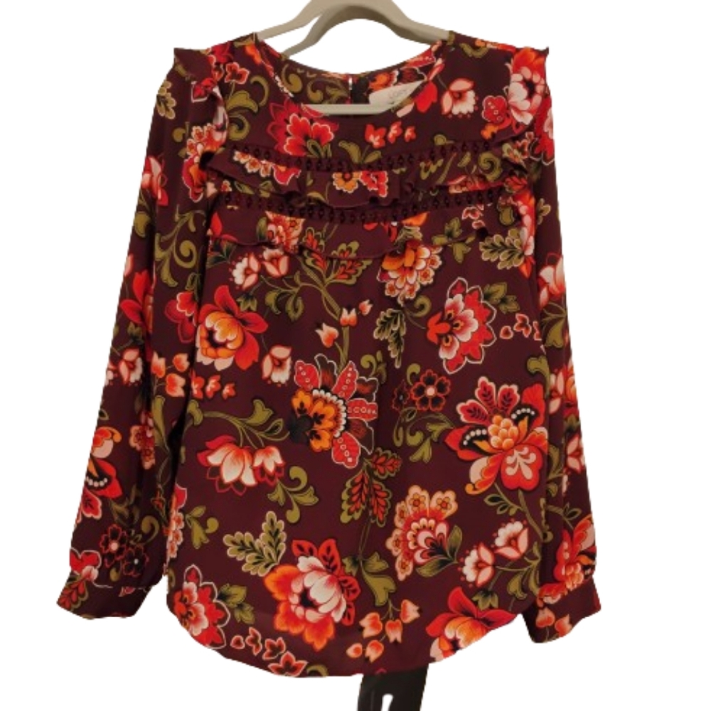 Cottage Core Burgundy Floral Ruffled Long Sleeve Blouse Medium